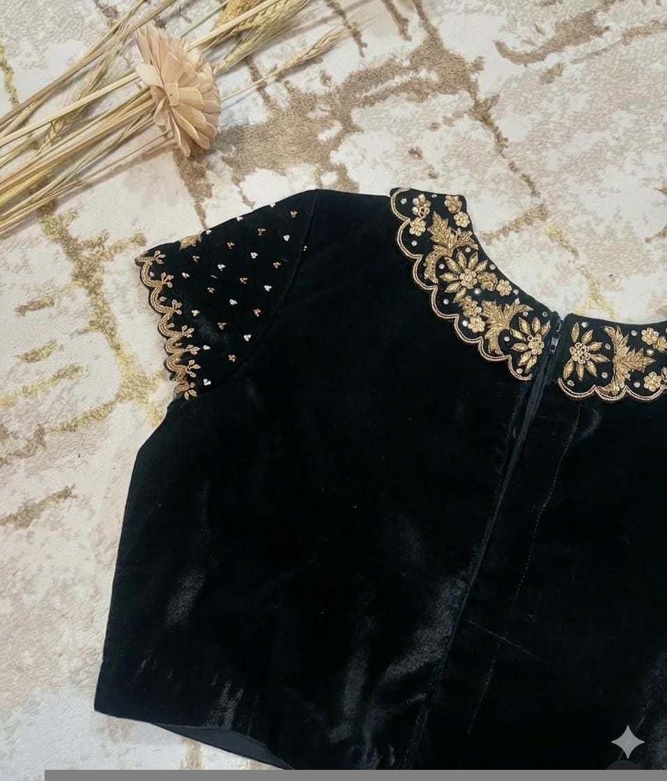 pure velvet hand embroidery blouse/collar maggam blouse/Peter Pan collar blouse/velvet hand embroidered blouse/burgundy ready made blouse us