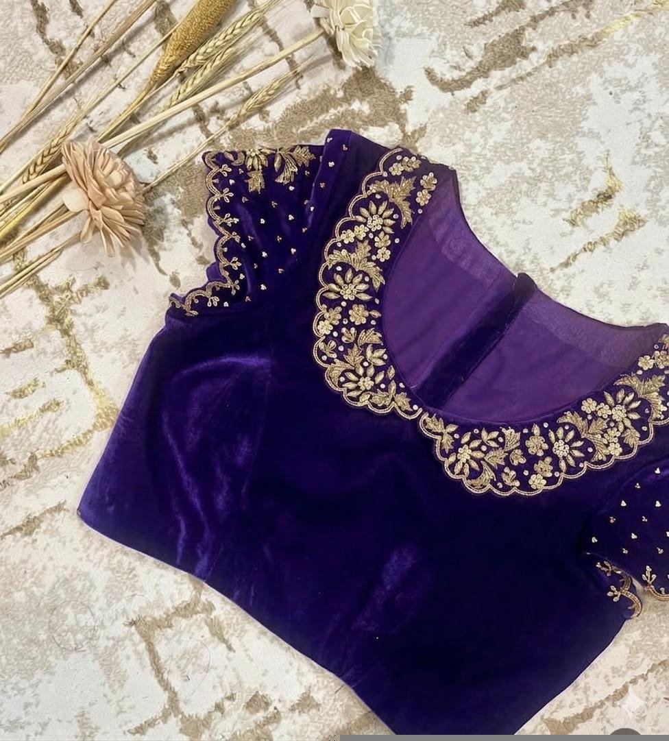 pure velvet hand embroidery blouse/collar maggam blouse/Peter Pan collar blouse/velvet hand embroidered blouse/burgundy ready made blouse us
