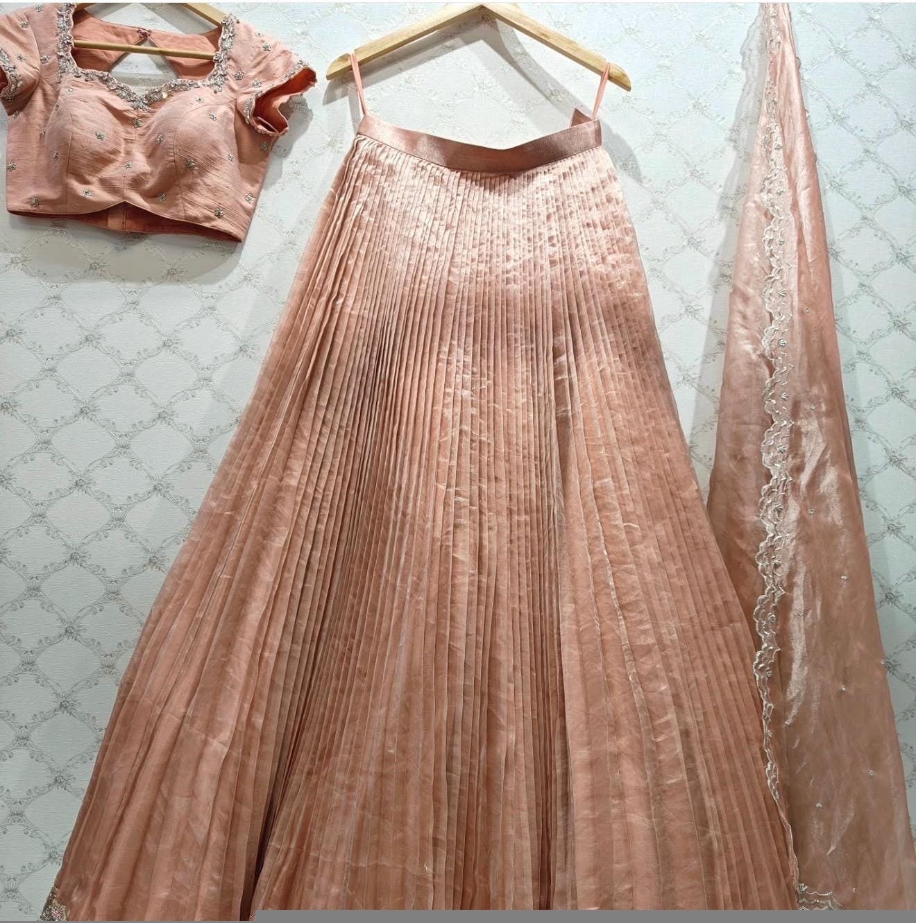 Golden Silk Lehenga Set/Hand Embroidered Crop Top, Indian Wedding Outfit,gold tissulehenga, silver lehenga,tissue lehenga,crop top skirt