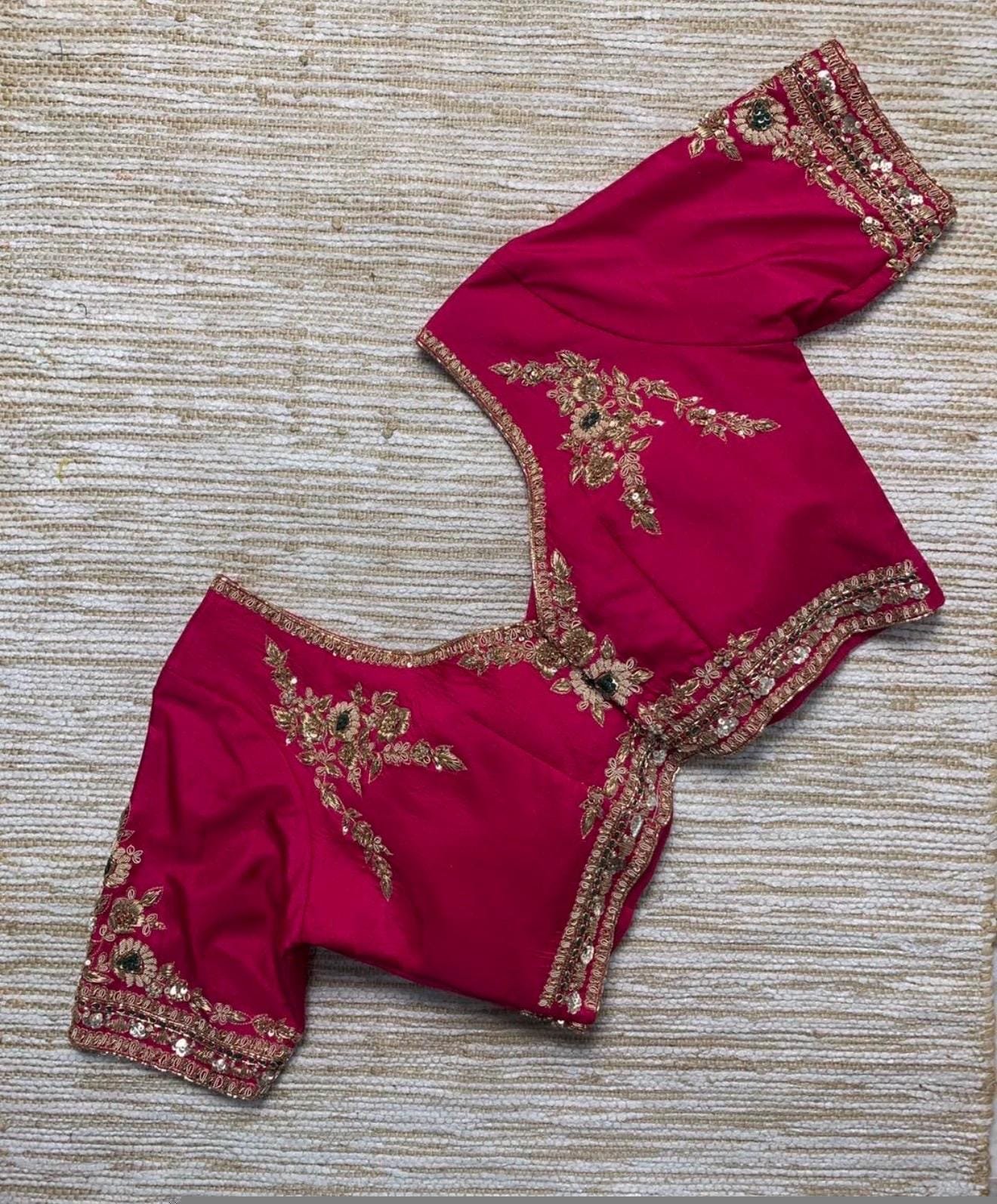 pure silk hand embroidery blouse/saree maggam blouse/hot pink zardosi blouse/hand embroidered blouse /magenta pink ready made blouse zardosi