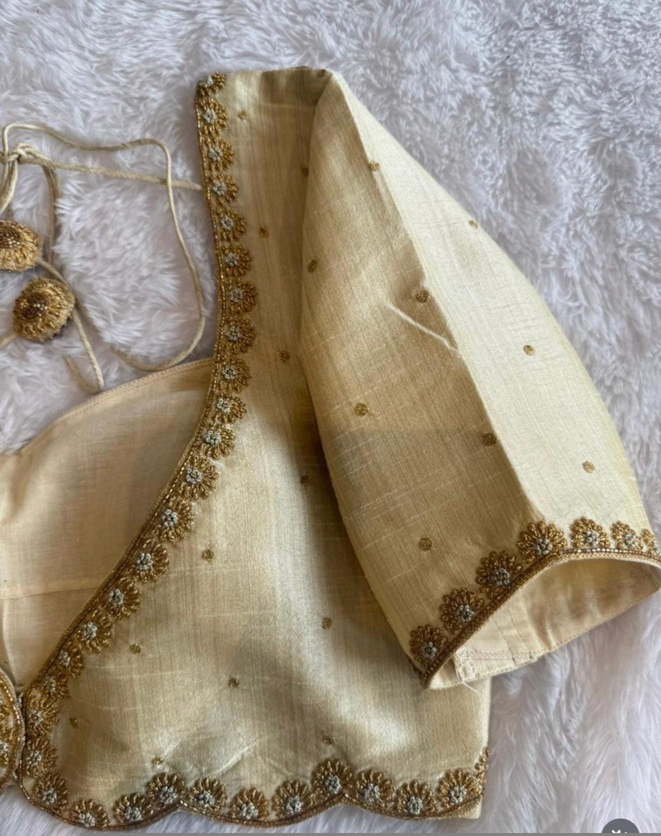 pure silk hand embroidery blouse/beige mirror hand made blouse/pure raw silk zardosi blouse/hand embroidered blouse/cream zardosi work blous
