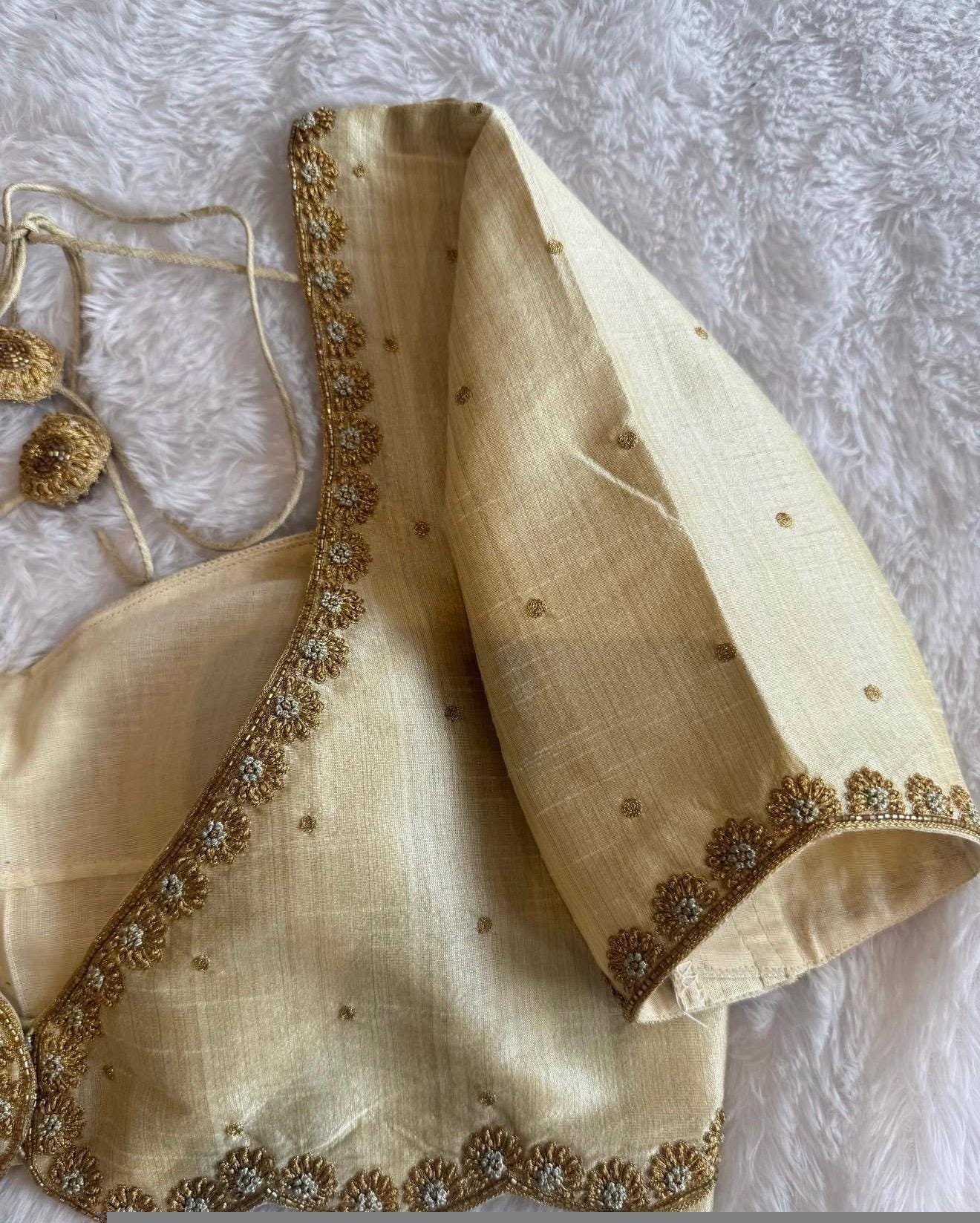 pure silk hand embroidery blouse/beige mirror hand made blouse/pure raw silk zardosi blouse/hand embroidered blouse/cream zardosi work blous