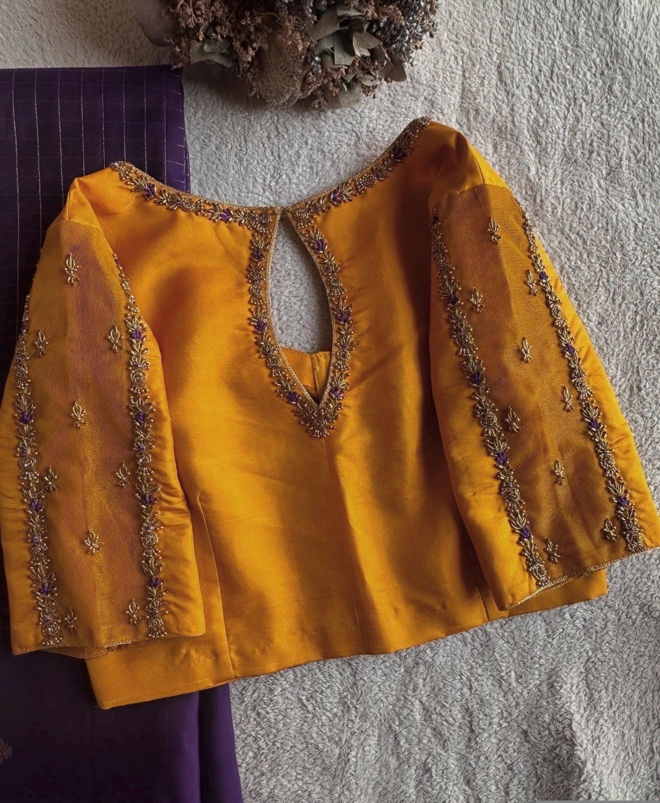 pure silk hand embroidery blouse/saree maggam blouse/yellow zardosi blouse/hand embroidered blouse/mustard yellow ready made blouse zardosi