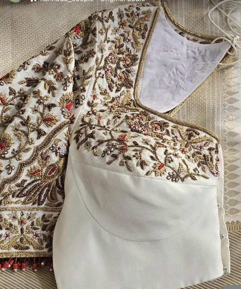 pure silk hand embroidery blouse/cream saree maggam blouse/raw silk zardosi blouse/hand embroidered blouse/cream ready made blouse zardosi