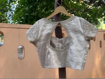 Hand Embroidered Zardosi Blouse: Silver Tissue Silk Sleeveless Crop Top/silver Maggam blouse,handwork blouse,mix and match blouse,silver