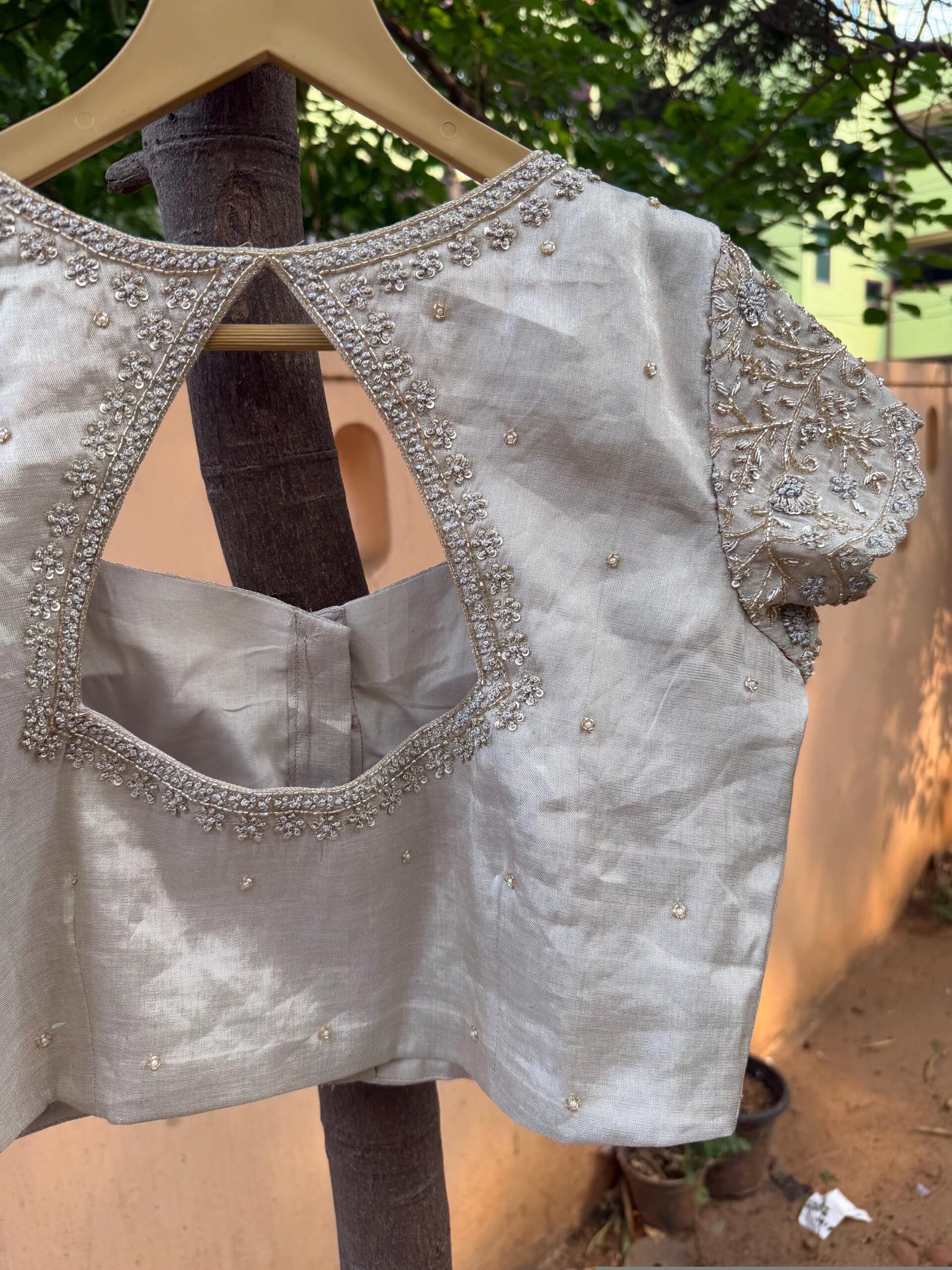 Hand Embroidered Zardosi Blouse: Silver Tissue Silk Sleeveless Crop Top/silver Maggam blouse,handwork blouse,mix and match blouse,silver usa