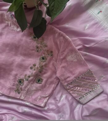 Light Pink Velvet Saree Blouse: Hand Embroidered Zardosi Maggam Work,pure velvet blouse,blush velvet blouse,handwork blouse,Pastel velvet us
