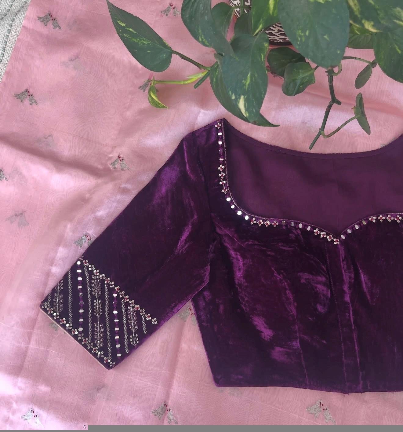 Purple Velvet Saree Blouse/Hand Embroidered Zardosi Maggam Work,pure velvet blouse,purple velvet blouse,handwork blouse,Pastel velvet us