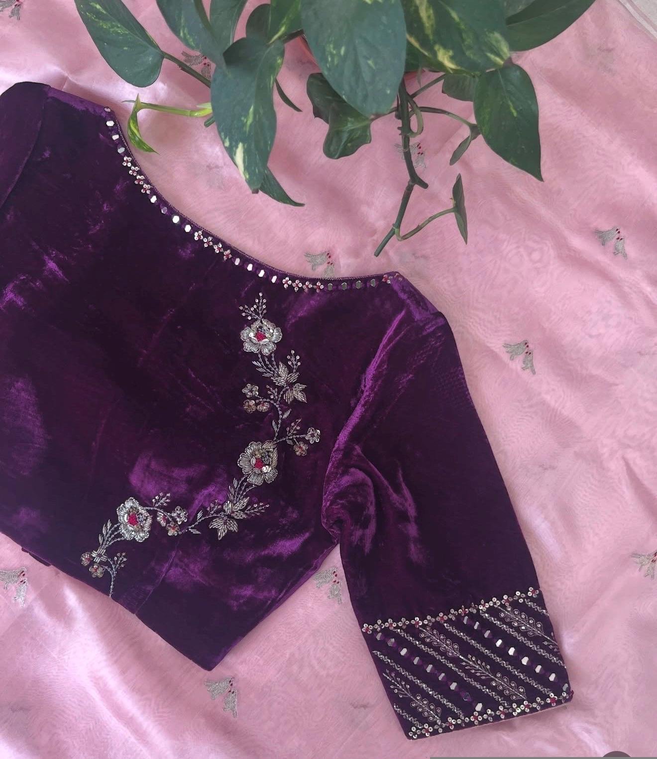 Purple Velvet Saree Blouse/Hand Embroidered Zardosi Maggam Work,pure velvet blouse,purple velvet blouse,handwork blouse,Pastel velvet us