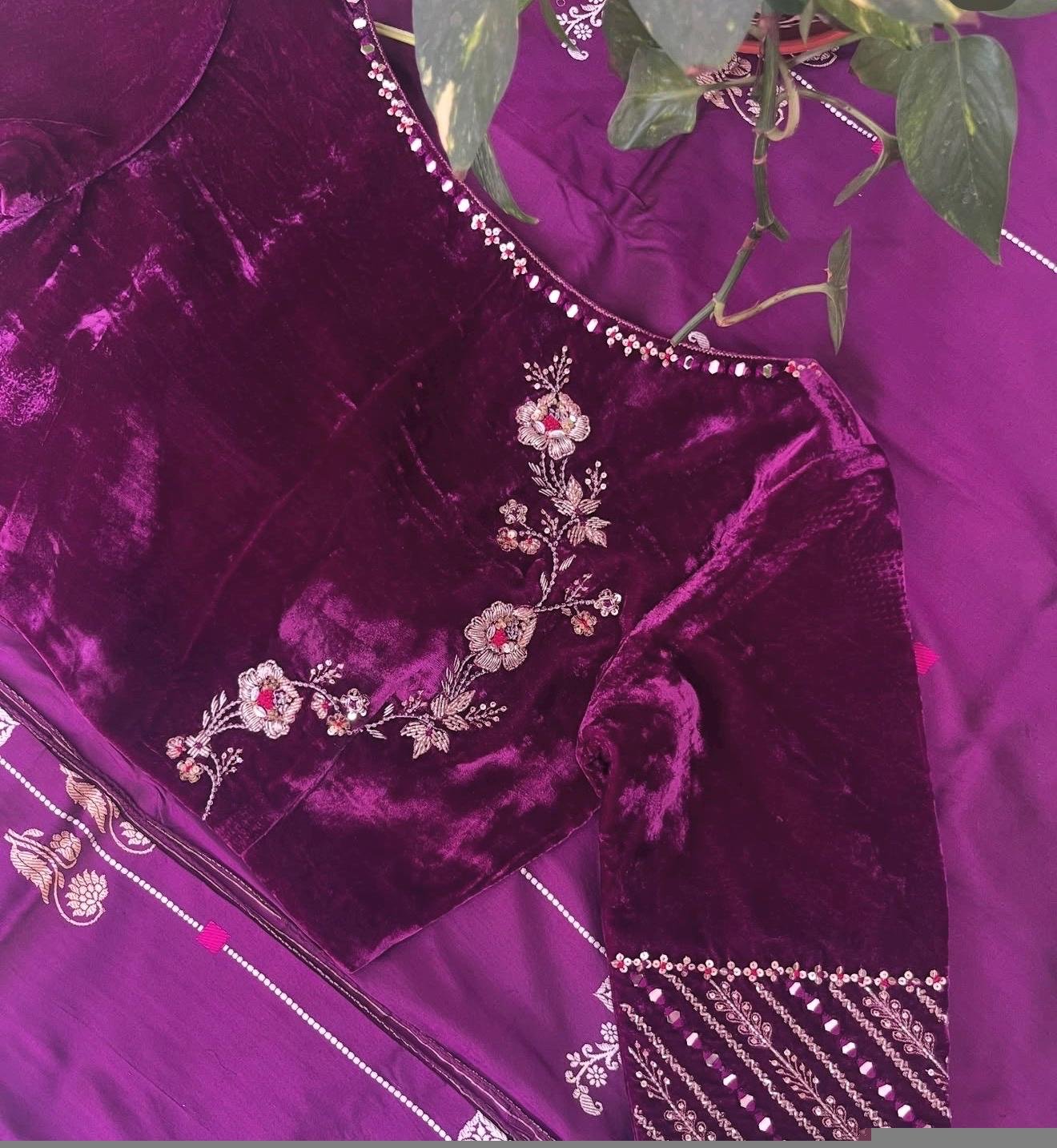 Purple Velvet Saree Blouse/Hand Embroidered Zardosi Maggam Work,pure velvet blouse,purple velvet blouse,handwork blouse,Pastel velvet us