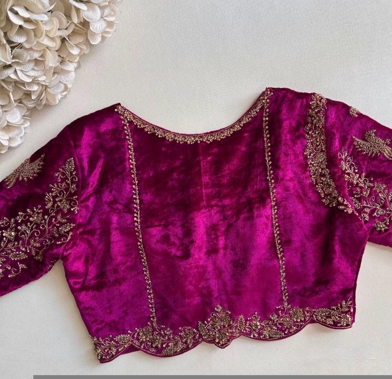 pure velvet hand embroidery blouse /modern saree maggam blouse/pink zardosi blouse / hand embroidered blouse/pink velvet ready made blouse