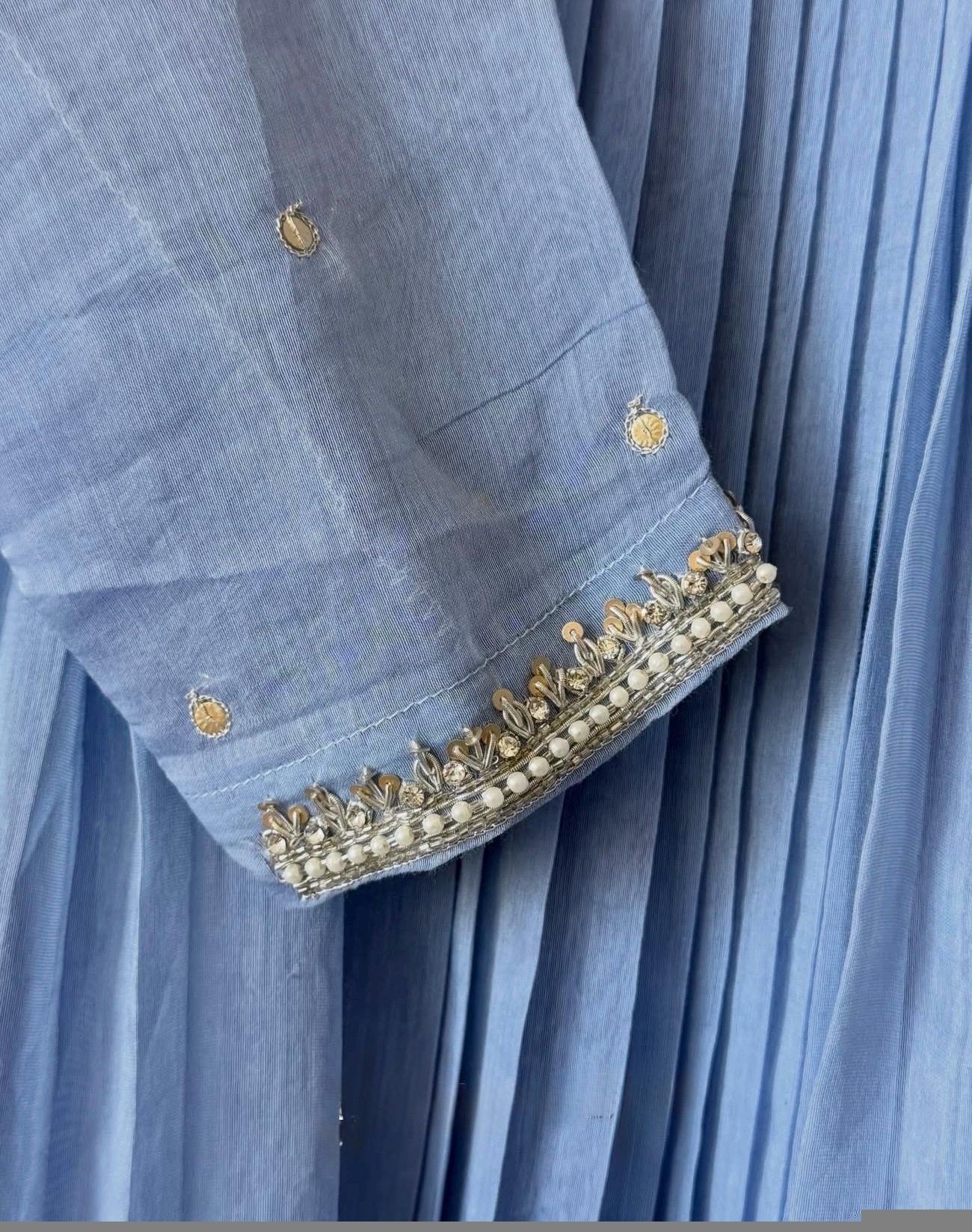Hand Embroidered ice blue Chanderi Silk Anarkali Suit with Dupatta,brown anarkali/brown handwork anarkali/light blue anarkali dupatta USA