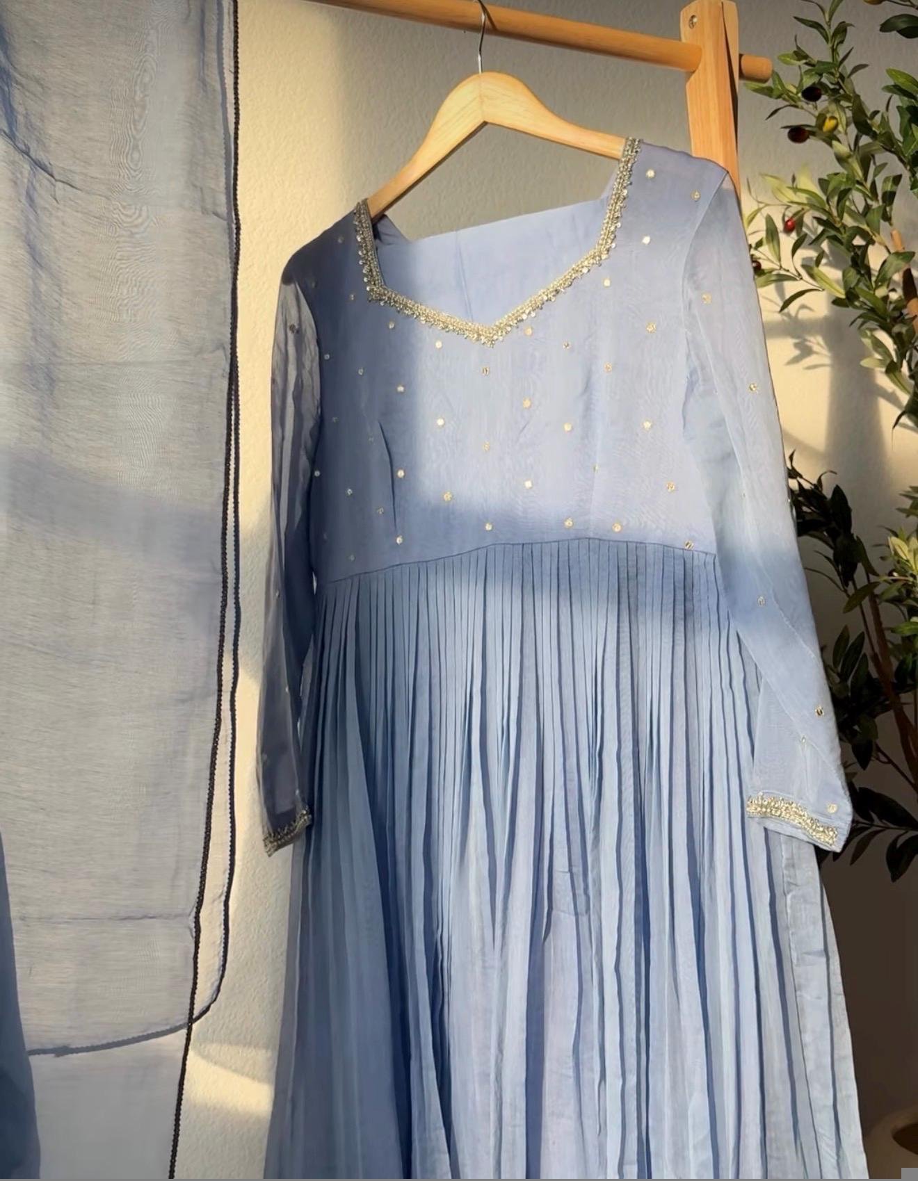Hand Embroidered ice blue Chanderi Silk Anarkali Suit with Dupatta,brown anarkali/brown handwork anarkali/light blue anarkali dupatta USA