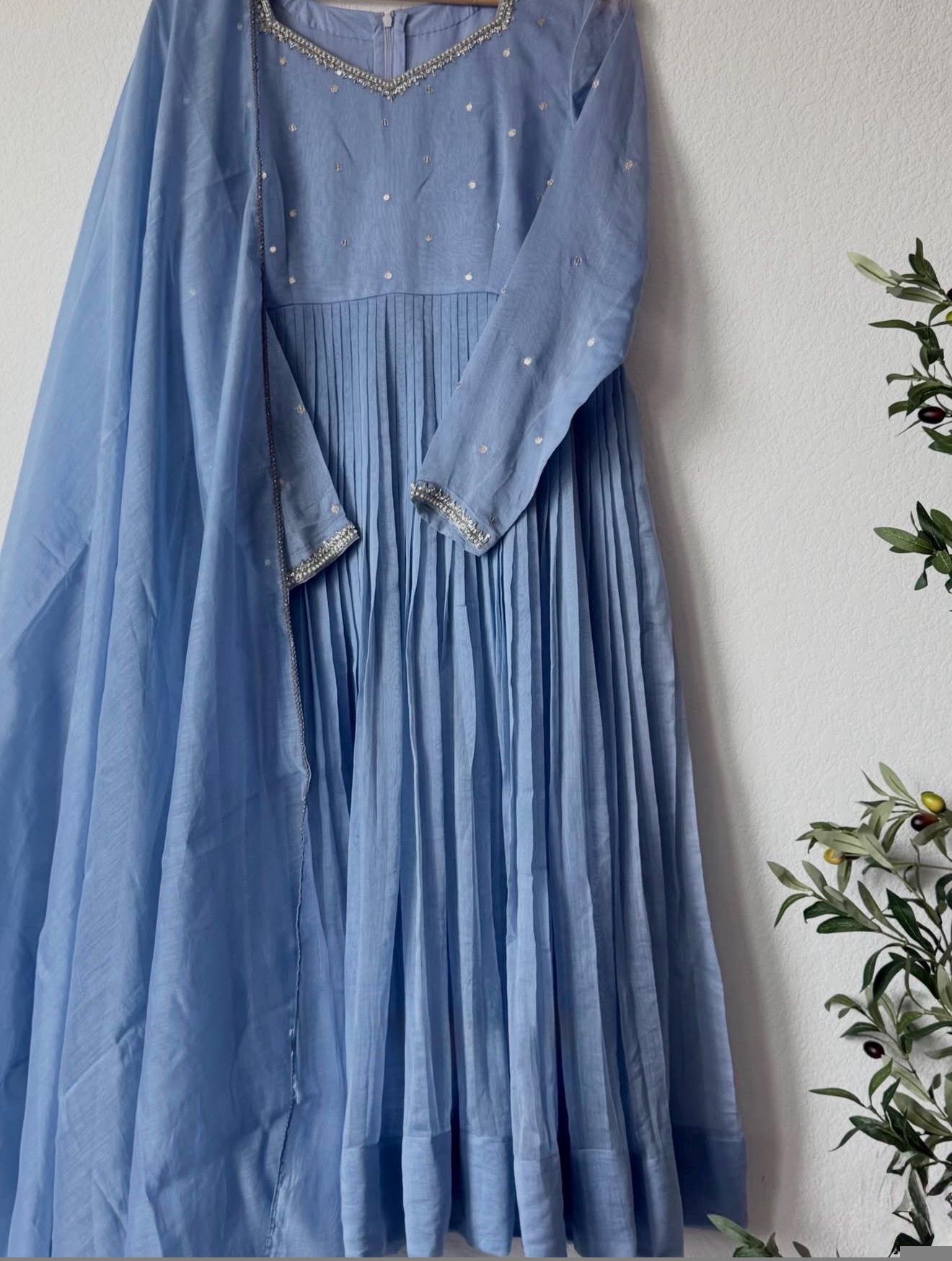 Hand Embroidered ice blue Chanderi Silk Anarkali Suit with Dupatta,brown anarkali/brown handwork anarkali/light blue anarkali dupatta USA