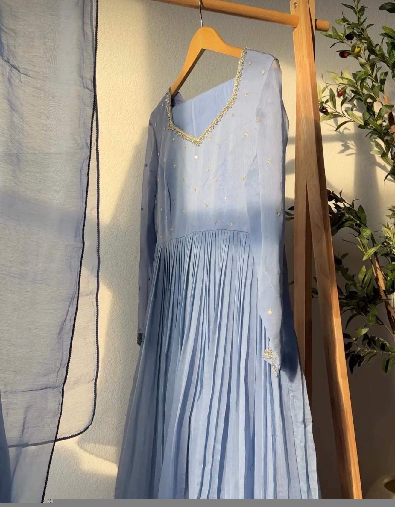 Hand Embroidered ice blue Chanderi Silk Anarkali Suit with Dupatta,brown anarkali/brown handwork anarkali/light blue anarkali dupatta USA