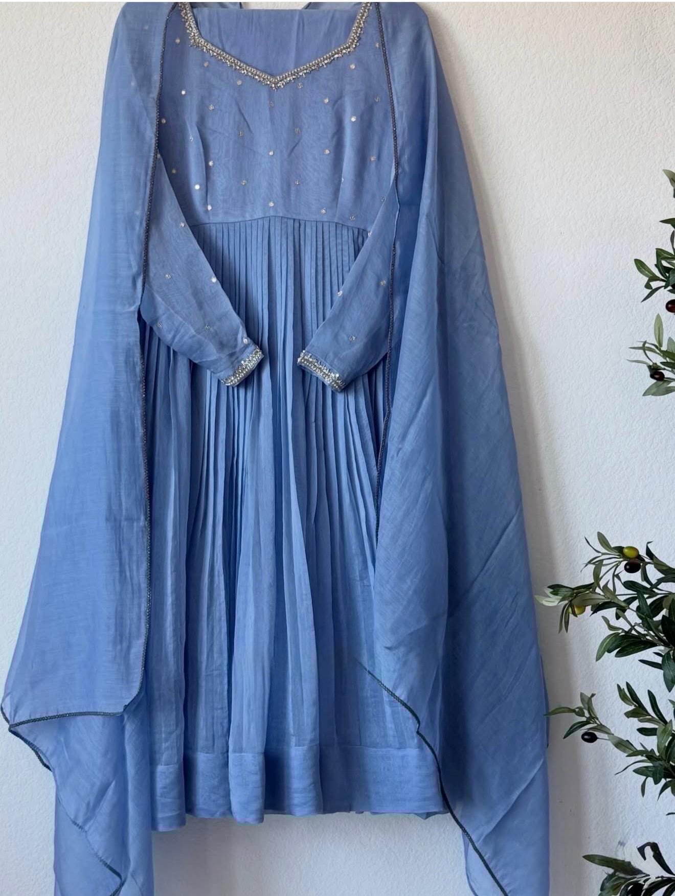 Hand Embroidered ice blue Chanderi Silk Anarkali Suit with Dupatta,brown anarkali/brown handwork anarkali/light blue anarkali dupatta USA