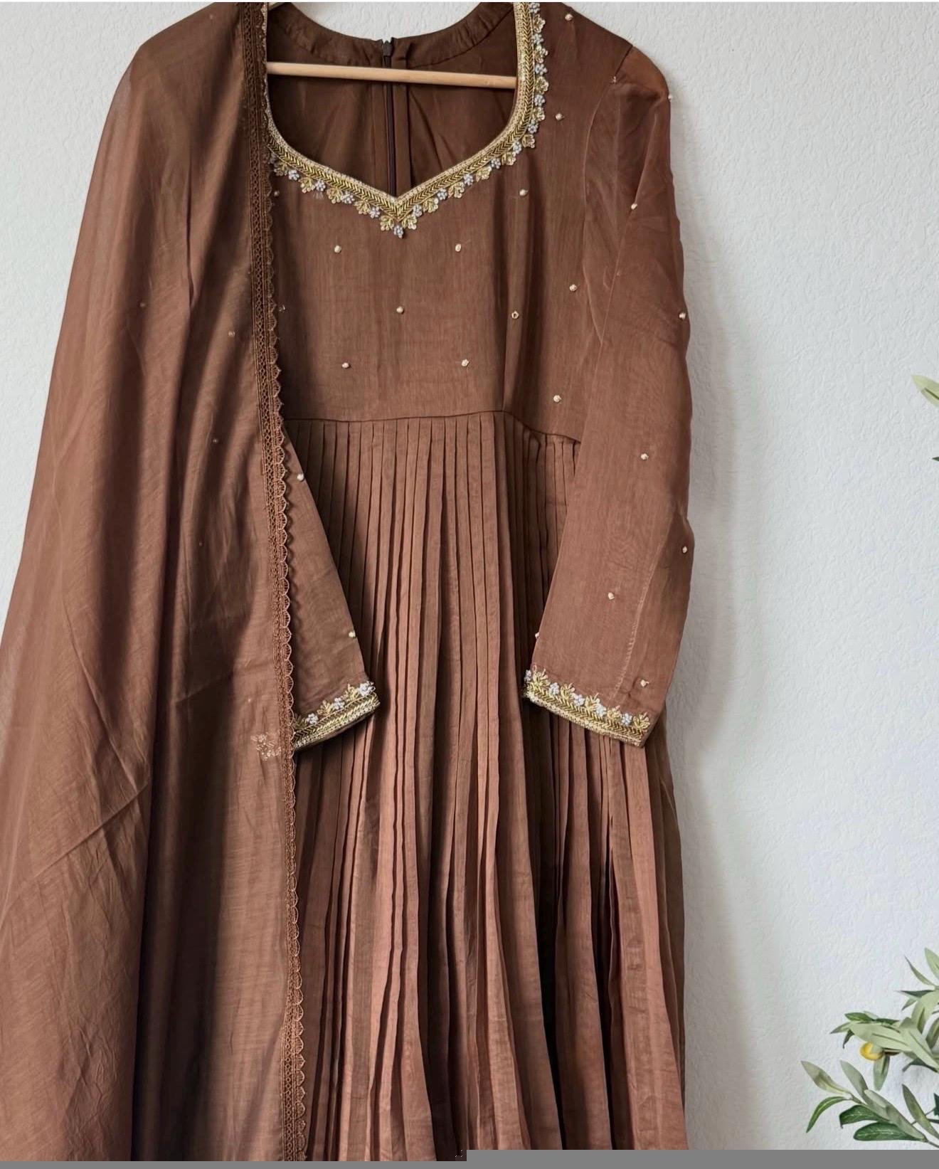 Hand Embroidered ice blue Chanderi Silk Anarkali Suit with Dupatta,brown anarkali/brown handwork anarkali/light blue anarkali dupatta USA