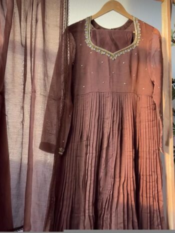 Hand Embroidered ice blue Chanderi Silk Anarkali Suit with Dupatta,brown anarkali/brown handwork anarkali/light blue anarkali dupatta