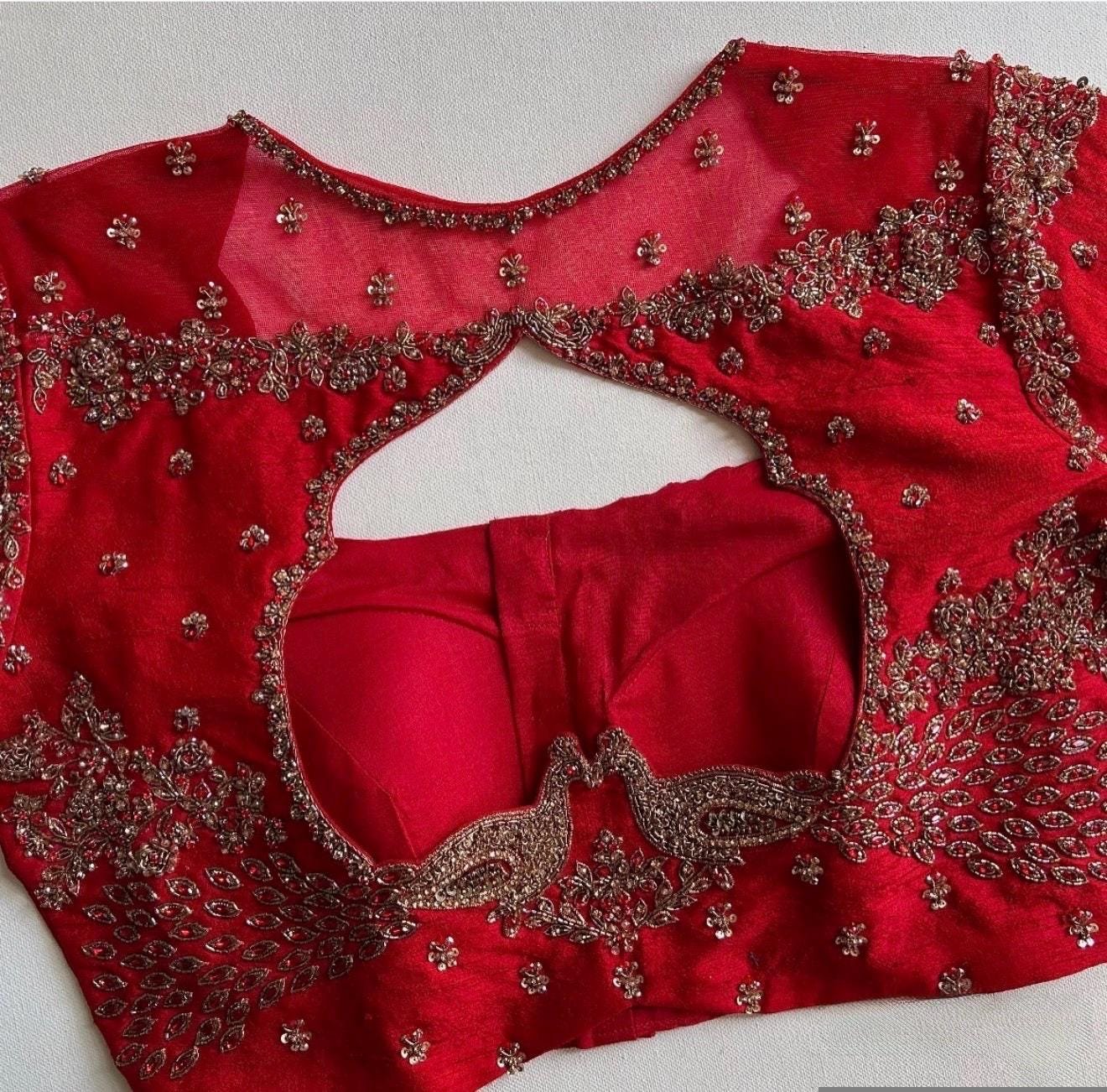 Red Silk Zardosi Embroidered Saree Blouse: Hand-Embroidered Maggam Work,red maggam work blouse,handwork blouse,maggam blouse,red saree blous