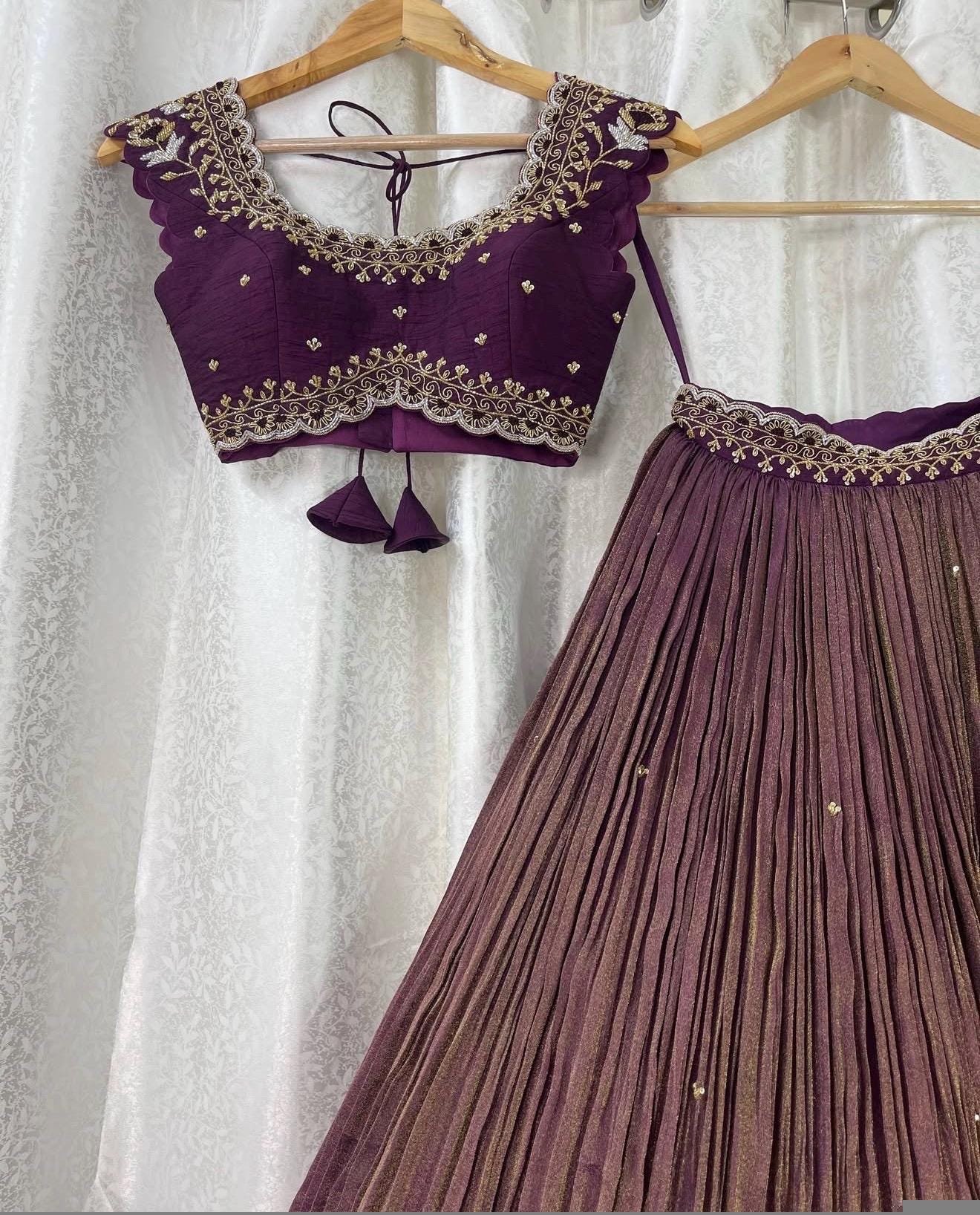 Hand Embroidered Kalamkari Lehenga Set: Red Silk Crop Top, Tissue Dupatta, half saree lehenga, teens Lehenga,tissue lehenga set,wedding dres
