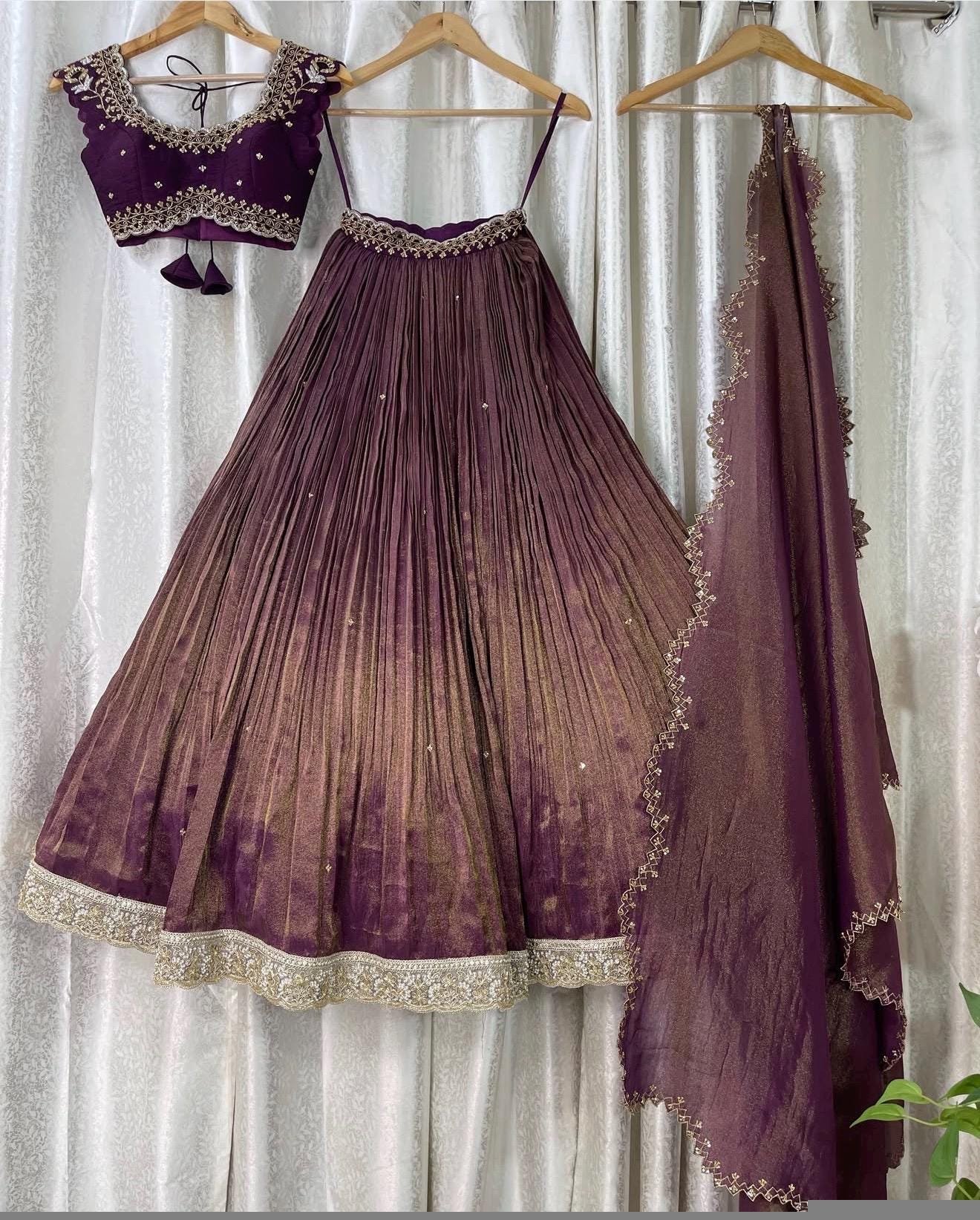 Hand Embroidered Kalamkari Lehenga Set: Red Silk Crop Top, Tissue Dupatta, half saree lehenga, teens Lehenga,tissue lehenga set,wedding dres