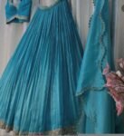 Hand Embroidered Kalamkari Lehenga Set/blue Silk Crop Top, Tissue Dupatta, half saree lehenga, teens Lehenga,tissue lehenga set,wedding dres