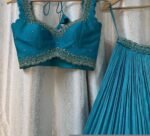 Hand Embroidered Kalamkari Lehenga Set/blue Silk Crop Top, Tissue Dupatta, half saree lehenga, teens Lehenga,tissue lehenga set,wedding dres