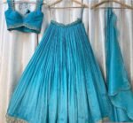 Hand Embroidered Kalamkari Lehenga Set/blue Silk Crop Top, Tissue Dupatta, half saree lehenga, teens Lehenga,tissue lehenga set,wedding dres