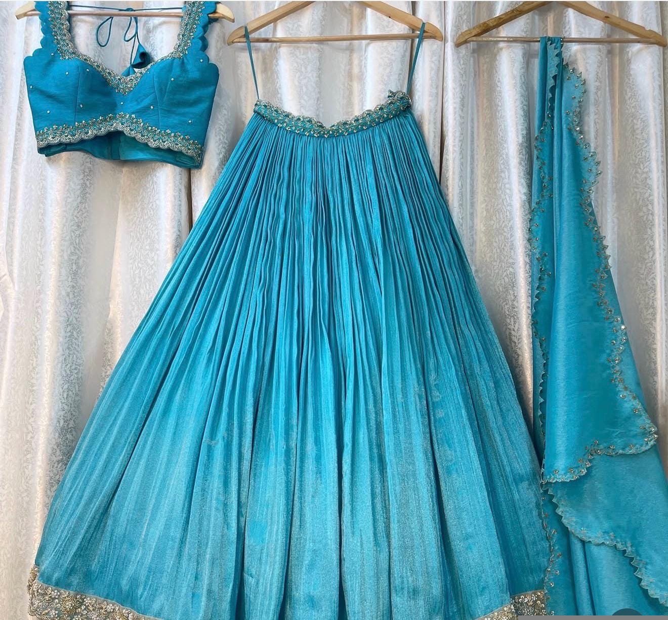 Hand Embroidered Kalamkari Lehenga Set/blue Silk Crop Top, Tissue Dupatta, half saree lehenga, teens Lehenga,tissue lehenga set,wedding dres
