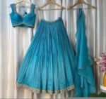 Hand Embroidered Kalamkari Lehenga Set/blue Silk Crop Top, Tissue Dupatta, half saree lehenga, teens Lehenga,tissue lehenga set,wedding dres