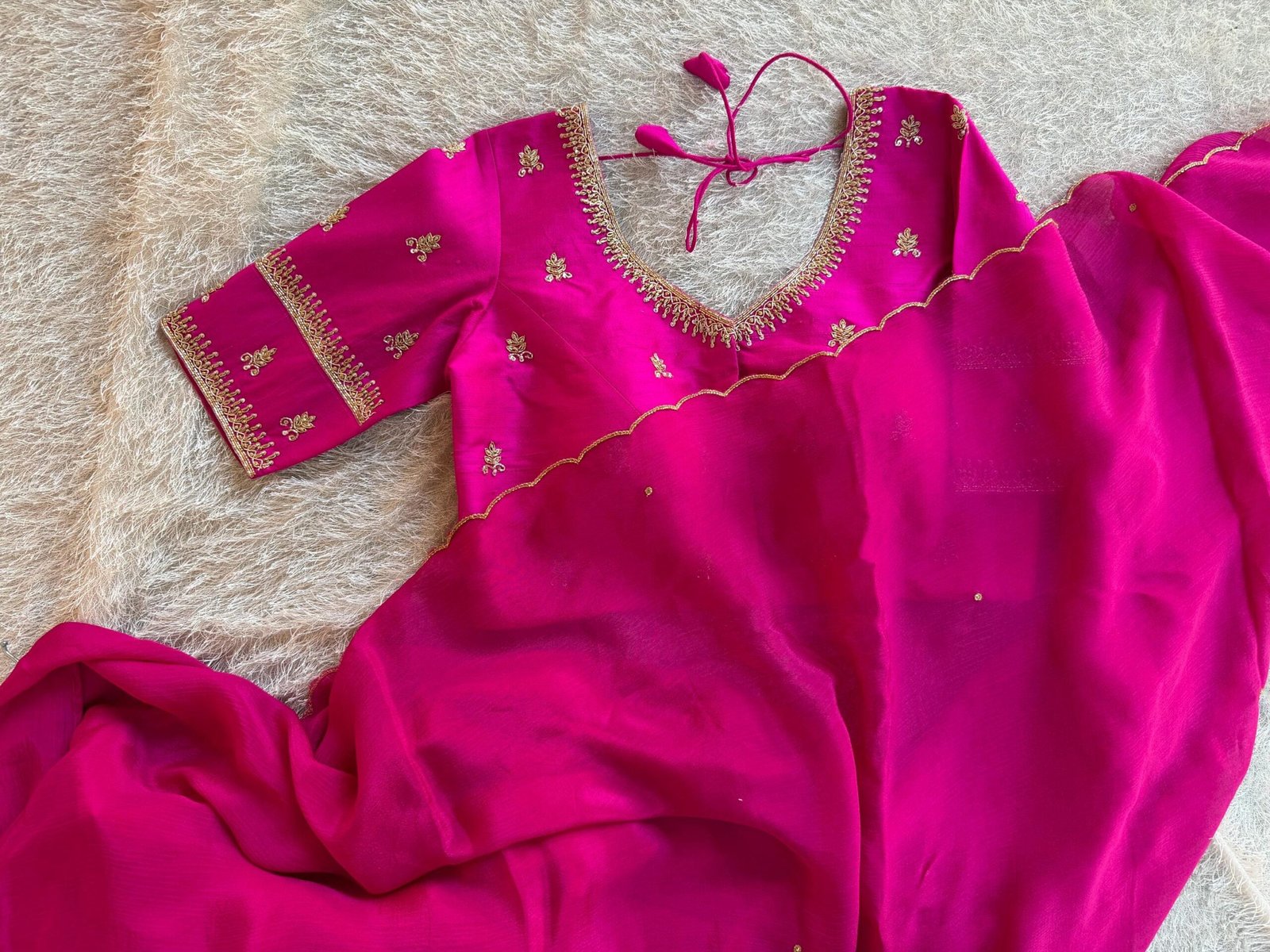 Pink chiffon silk saree with hand Embroidered blouse/hand embroidered saree with ready blouse|simple sarees |hot pink embroidery silk saree