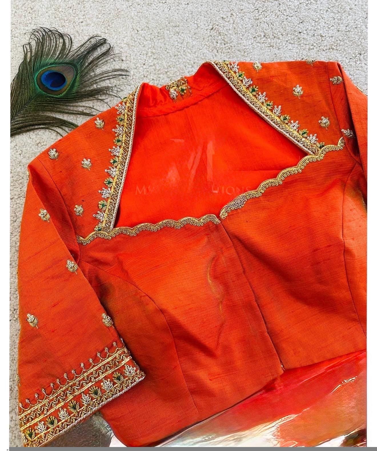 pure silk hand embroidery blouse/orange saree maggam blouse/raw silk zardosi blouse/hand embroidered blouse/ready made blouse/orange blouse