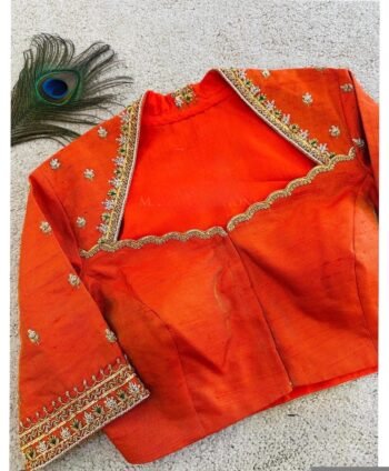 pure silk hand embroidery blouse/orange saree maggam blouse/raw silk zardosi blouse/hand embroidered blouse/ready made blouse/orange blouse
