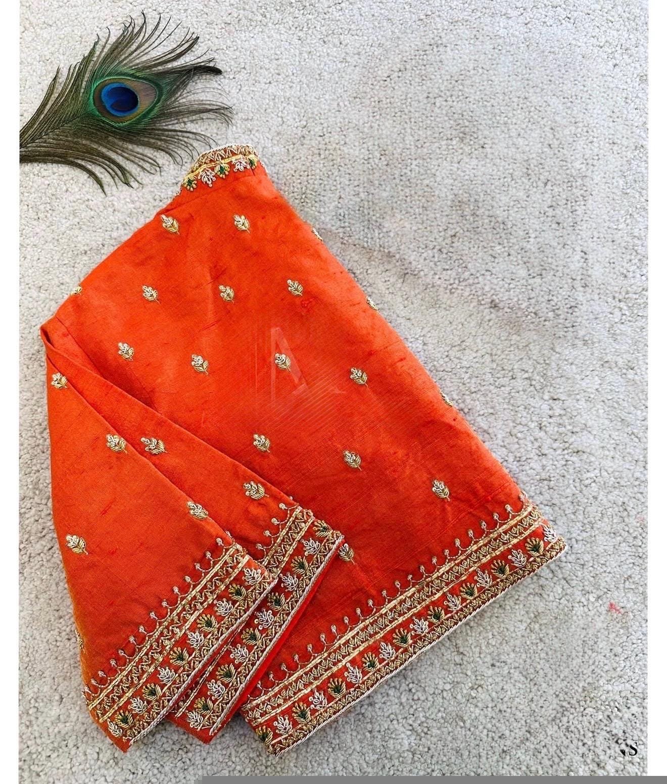pure silk hand embroidery blouse/orange saree maggam blouse/raw silk zardosi blouse/hand embroidered blouse/ready made blouse/orange blouse