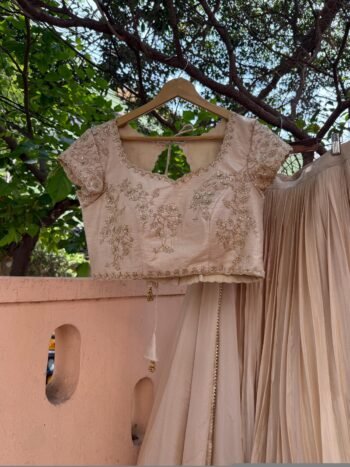 Green Lehenga Set/Embroidered Crop Top, Chinnon Silk Skirt,golden crop top lehenga,beige lehenga set ,teens lehenga, green crop top skirt us
