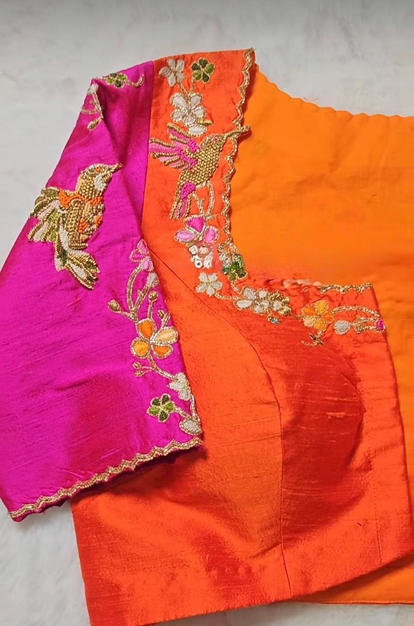 pure silk hand embroidery blouse/orange saree maggam blouse/raw silk zardosi blouse/hand embroidered blouse/ready made blouse/orange blouse