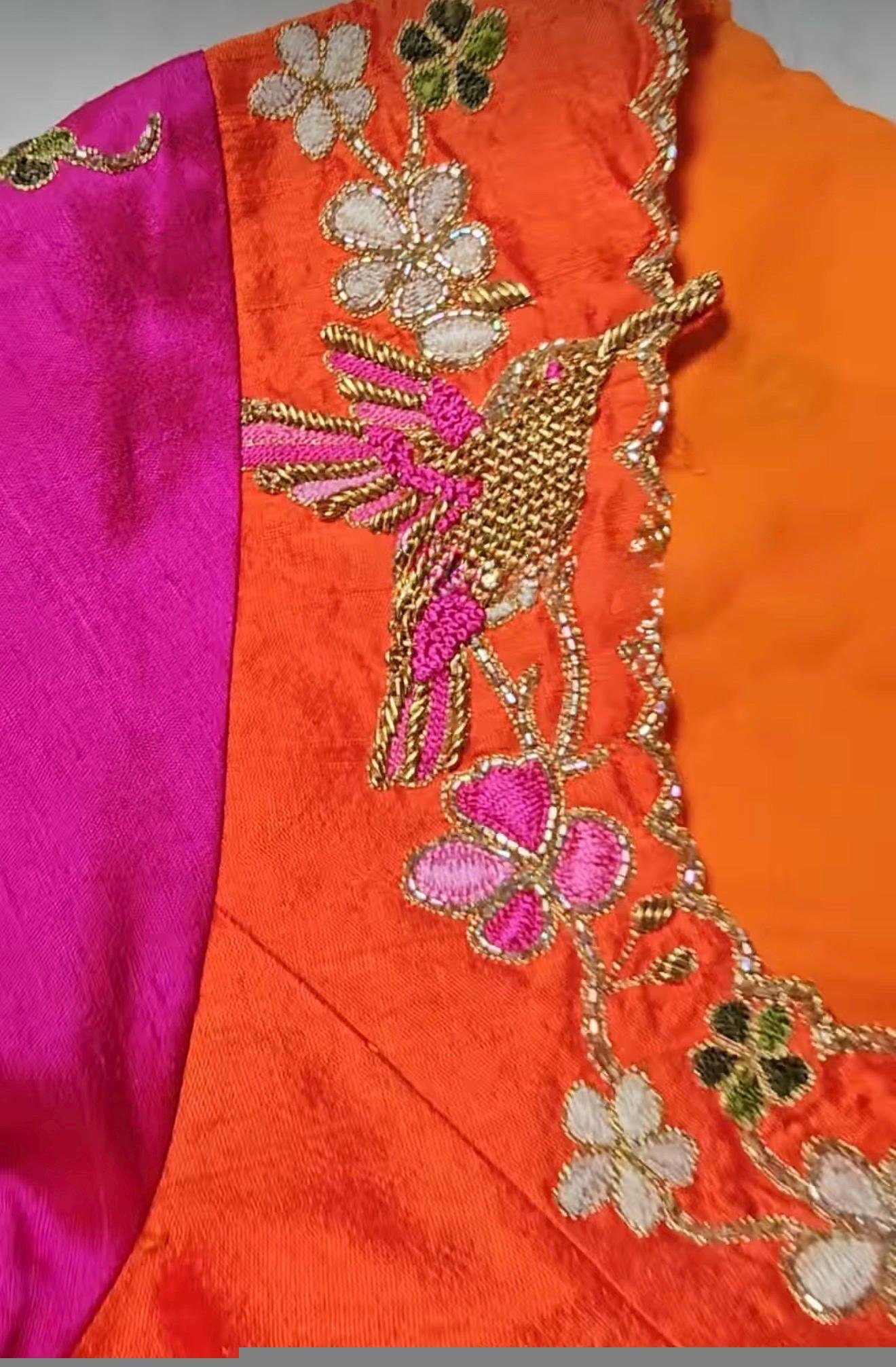 pure silk hand embroidery blouse/orange saree maggam blouse/raw silk zardosi blouse/hand embroidered blouse/ready made blouse/orange blouse