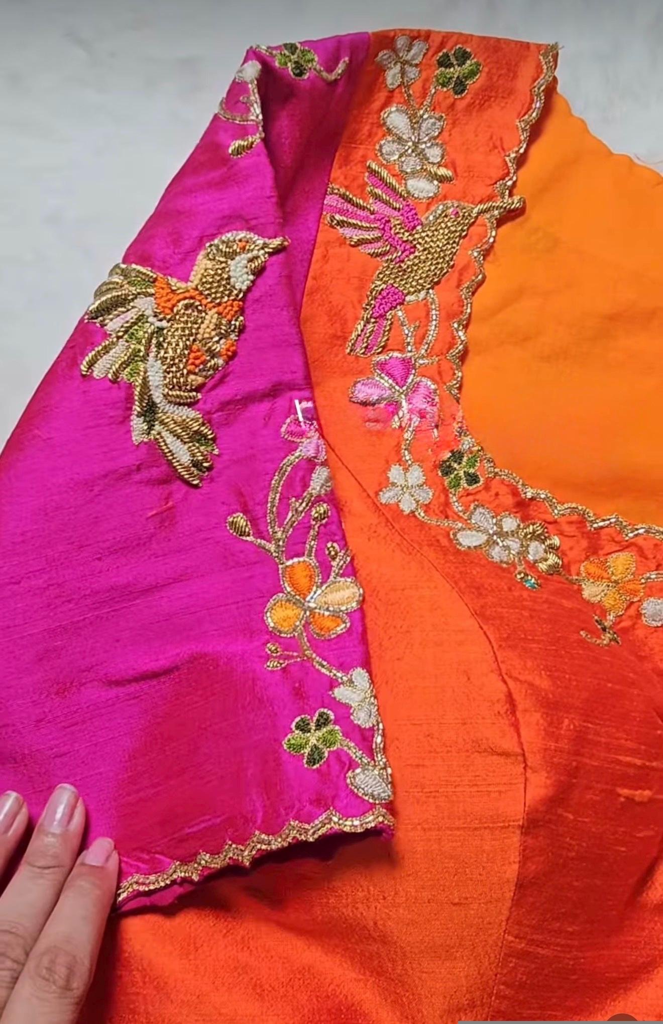 pure silk hand embroidery blouse/orange saree maggam blouse/raw silk zardosi blouse/hand embroidered blouse/ready made blouse/orange blouse