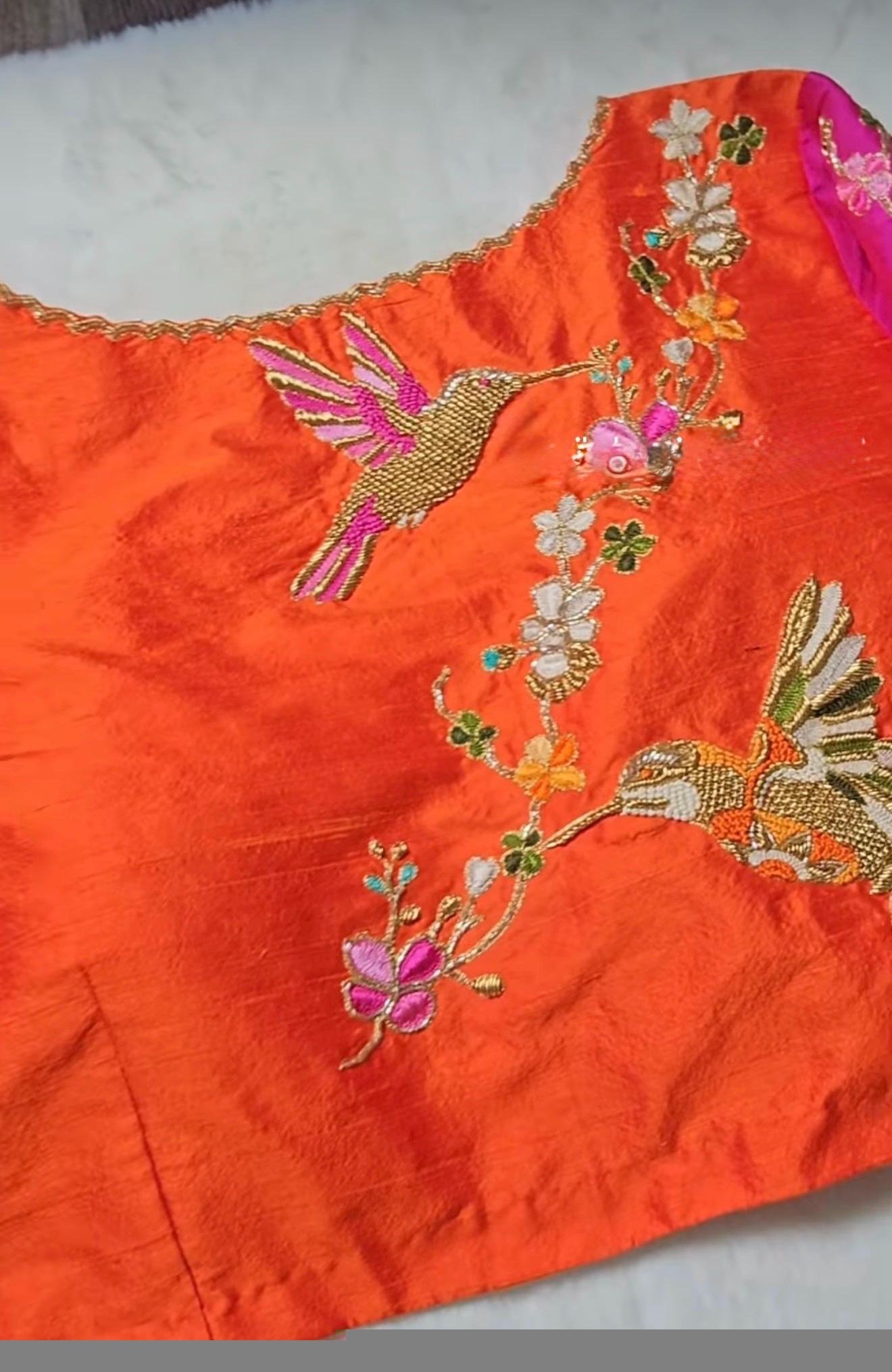 pure silk hand embroidery blouse/orange saree maggam blouse/raw silk zardosi blouse/hand embroidered blouse/ready made blouse/orange blouse