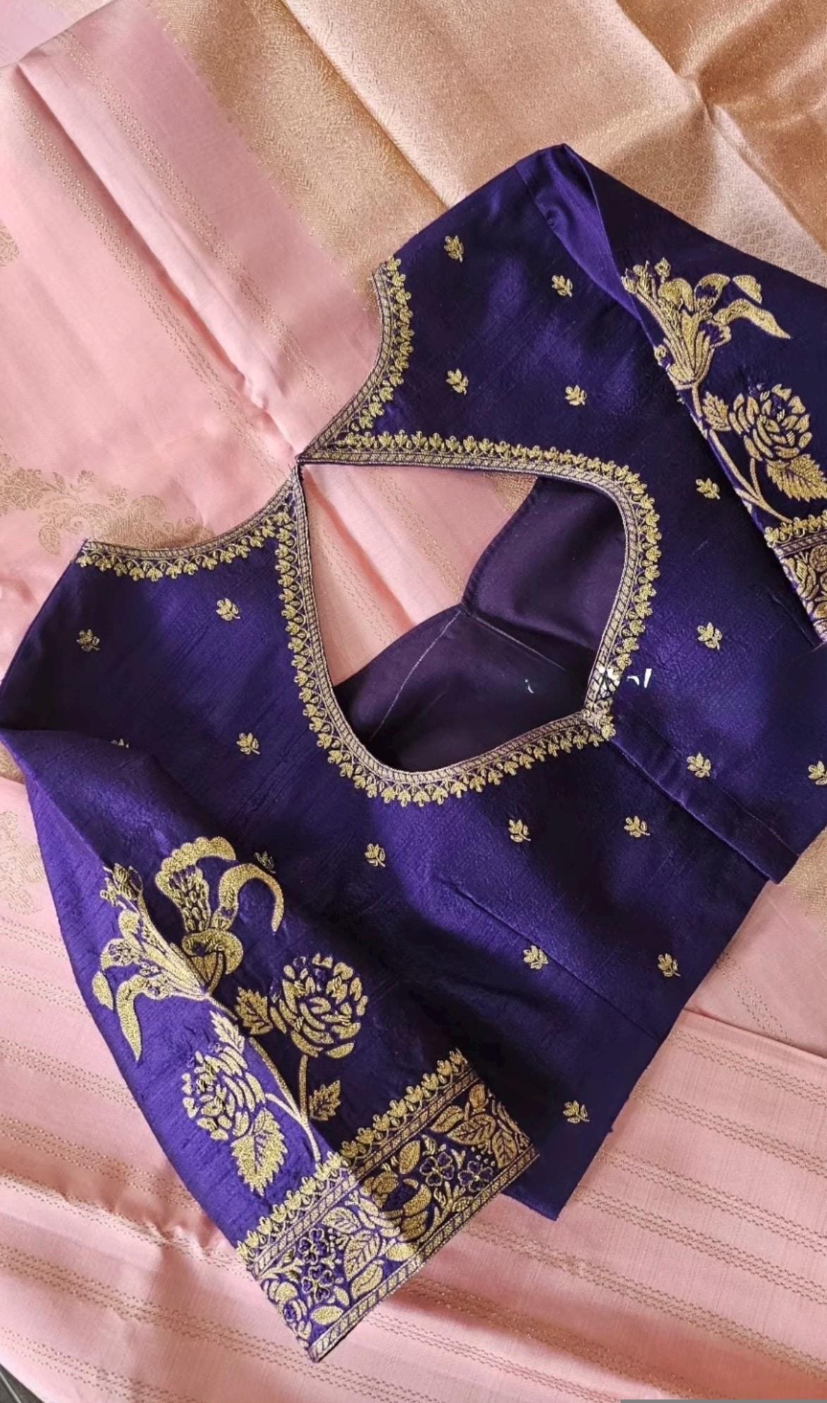 Hand Embroidered Purple Silk Blouse: Zardosi Maggam Work,purple handwork blouse,plus size blouses,hand embroidered blouse,maggam blouse USA