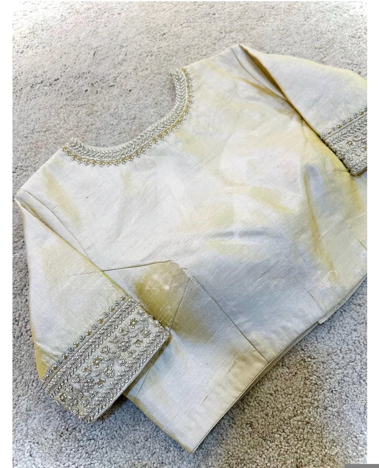 Hand Embroidered Zardosi Silk Blouse: Light Gold Maggam Work,cream tissue blosue,high neck blouse,saree blouses,mix and match saree blouse