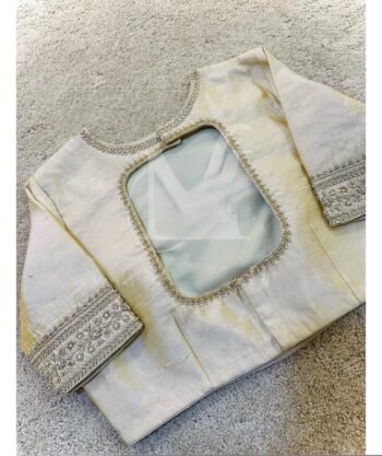 Hand Embroidered Zardosi Silk Blouse: Light Gold Maggam Work,cream tissue blosue,high neck blouse,saree blouses,mix and match saree blouse