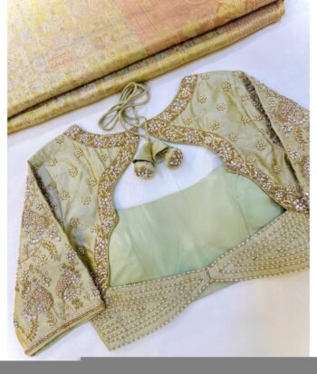 Hand Embroidered Zardosi Silk Blouse: Light Gold Maggam Work,cream tissue blosue,high neck blouse,saree blouses,mix and match saree blouse