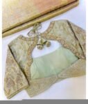 Hand Embroidered Zardosi Silk Blouse: Light Gold Maggam Work,cream tissue blosue,high neck blouse,saree blouses,mix and match saree blouse