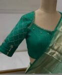 Hand Embroidered Zardosi Silk Blouse: Green Maggam Work, Elbow Sleeve,Rama green blouse,modern blouse,handwork blouse,plus size blouse, USA