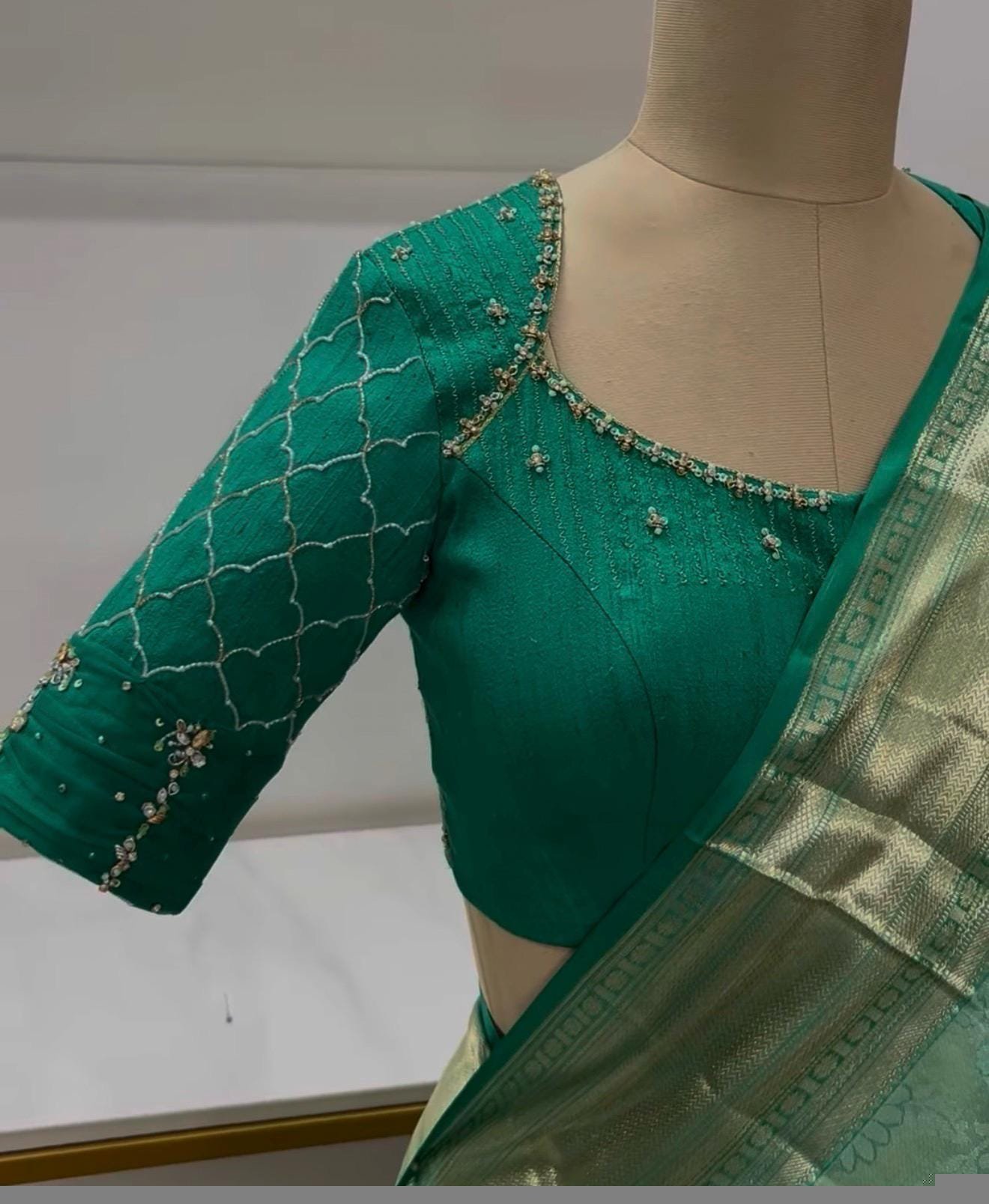 Hand Embroidered Zardosi Silk Blouse: Green Maggam Work, Elbow Sleeve,Rama green blouse,modern blouse,handwork blouse,plus size blouse, USA