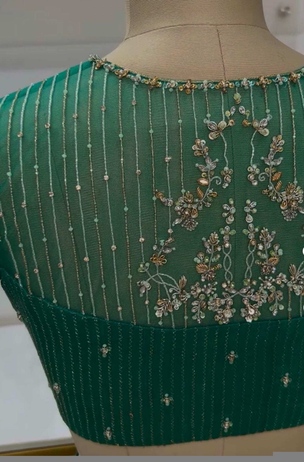 Hand Embroidered Zardosi Silk Blouse: Green Maggam Work, Elbow Sleeve,Rama green blouse,modern blouse,handwork blouse,plus size blouse, USA