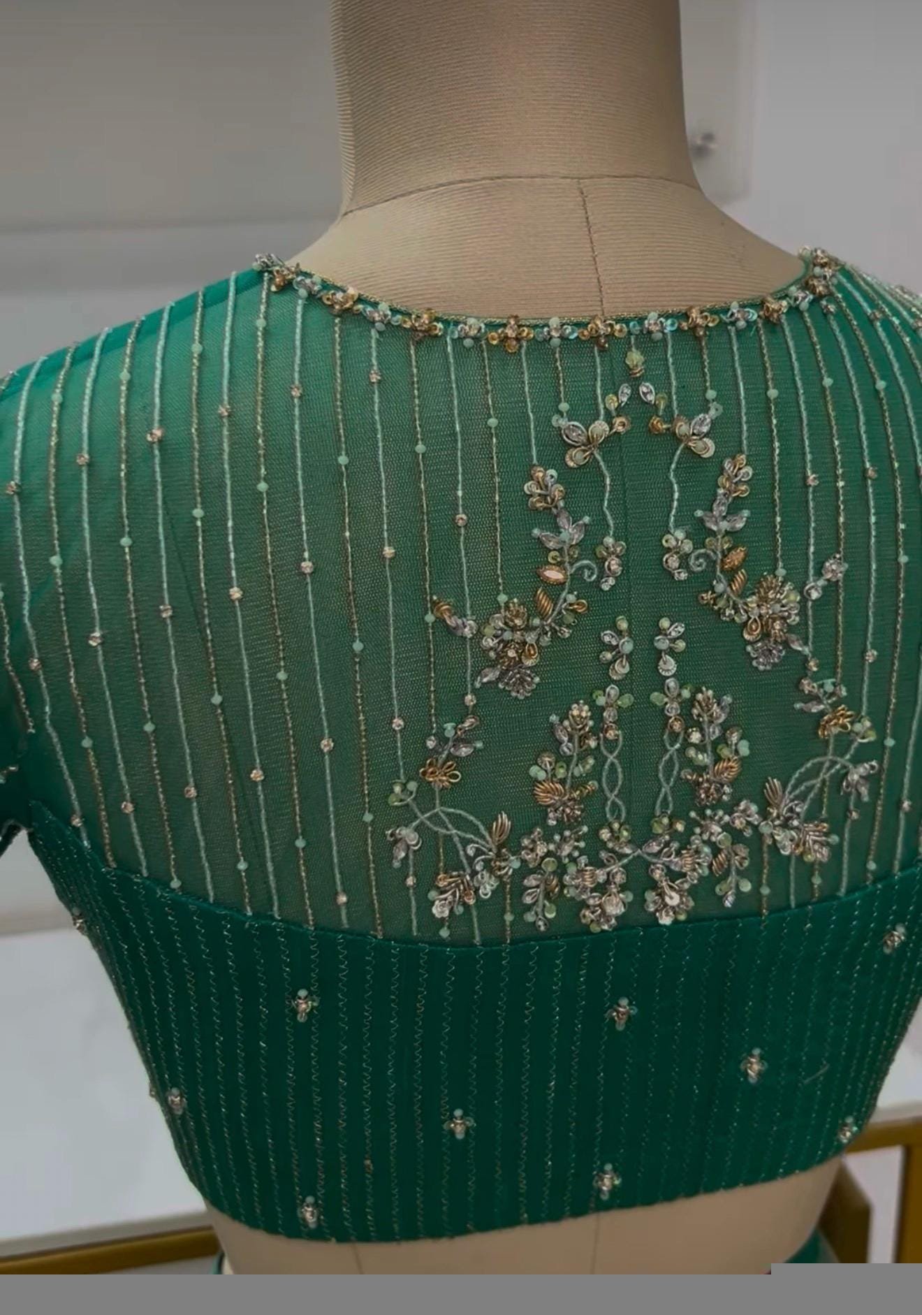 Hand Embroidered Zardosi Silk Blouse: Green Maggam Work, Elbow Sleeve,Rama green blouse,modern blouse,handwork blouse,plus size blouse, USA
