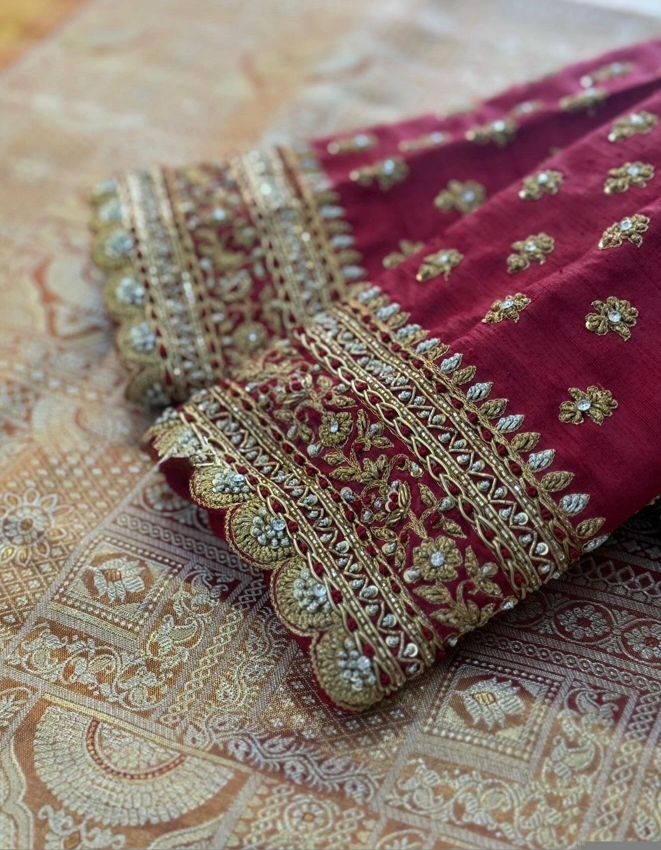 Hand Embroidered Zardosi Silk Blouse/Maroon Red Maggam Saree Blouse/red bridal blouse/burgundy blouse,kundan work blouse,mix and match blous