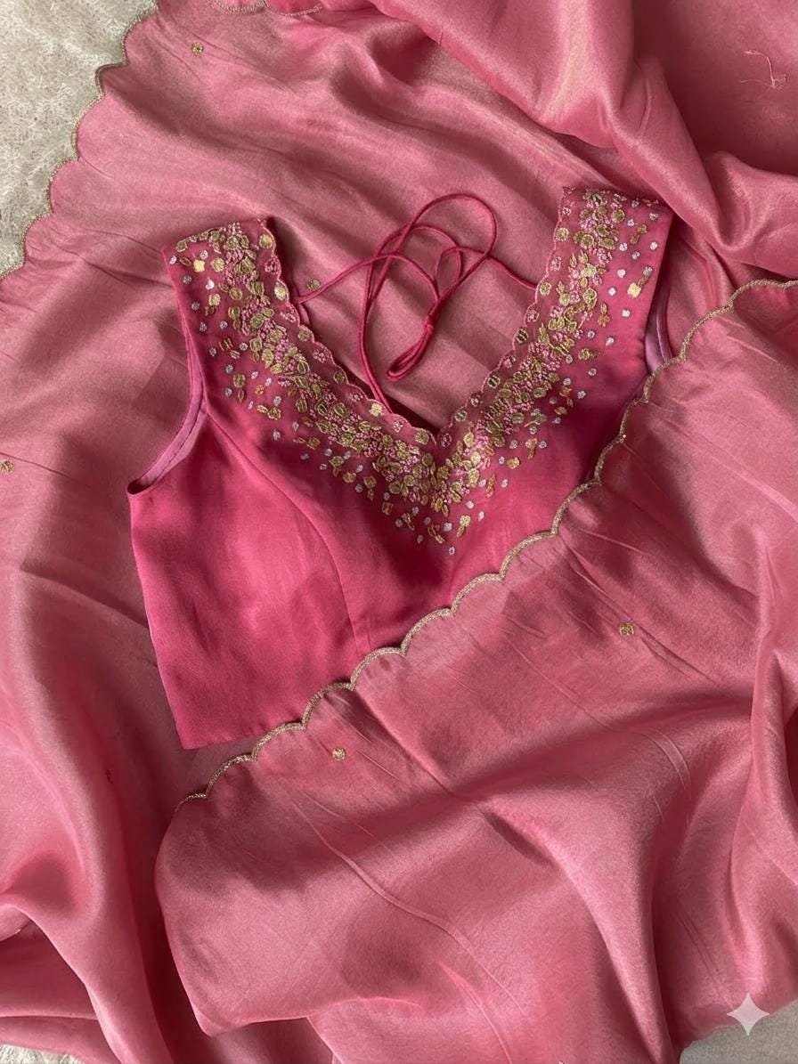 Blue tissue silk saree with hand embroidered blouse/blue saree with pink hand work blouse|sarees USA/blue pure silk scall saree with blouse